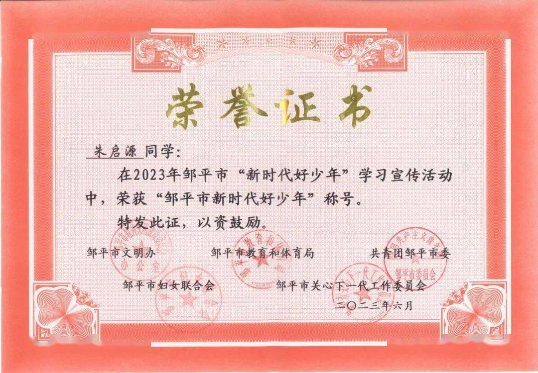 【新时代好少年事迹展播】邹平市长山镇初级中学朱启源