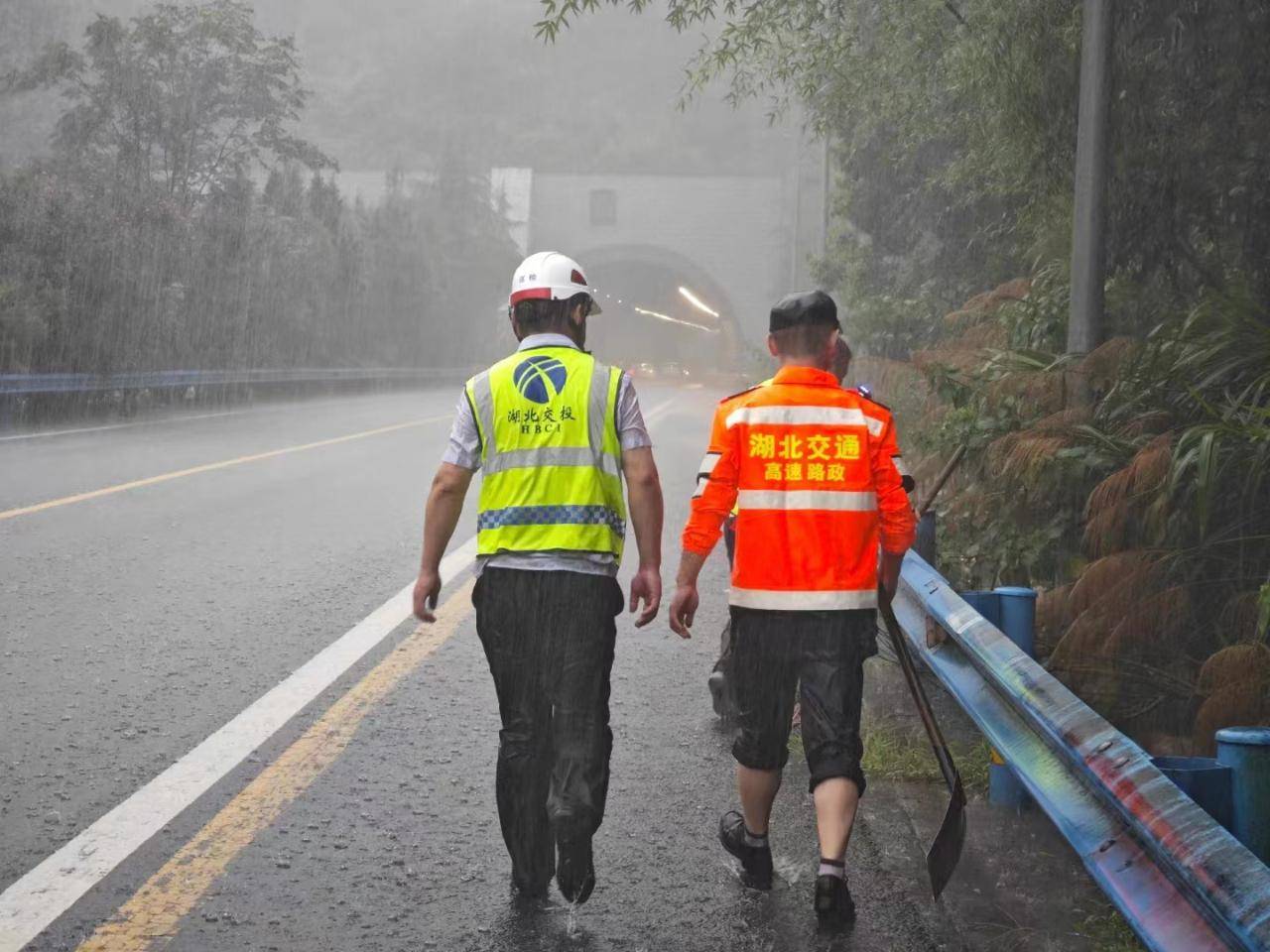 海南西线高速：暴雨导致多处路树倒伏到路面 养护工人第一时间赶往现场清理
