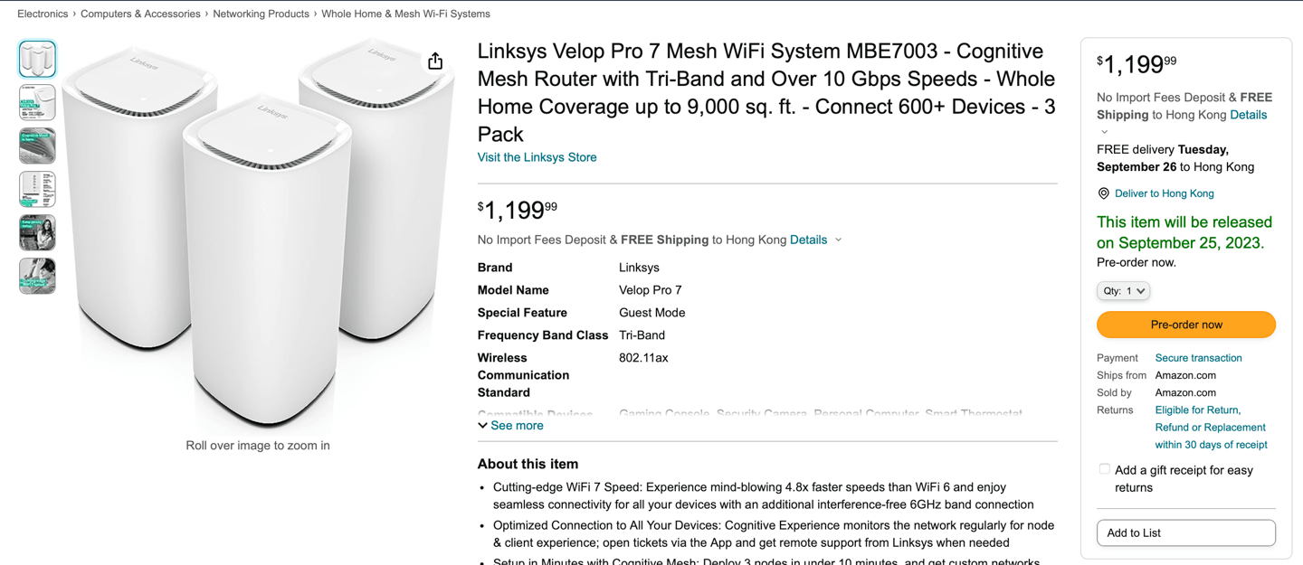 领势海外推出 Velop Pro 7 Wi-Fi 7 路由器，三只装 1200 美元 