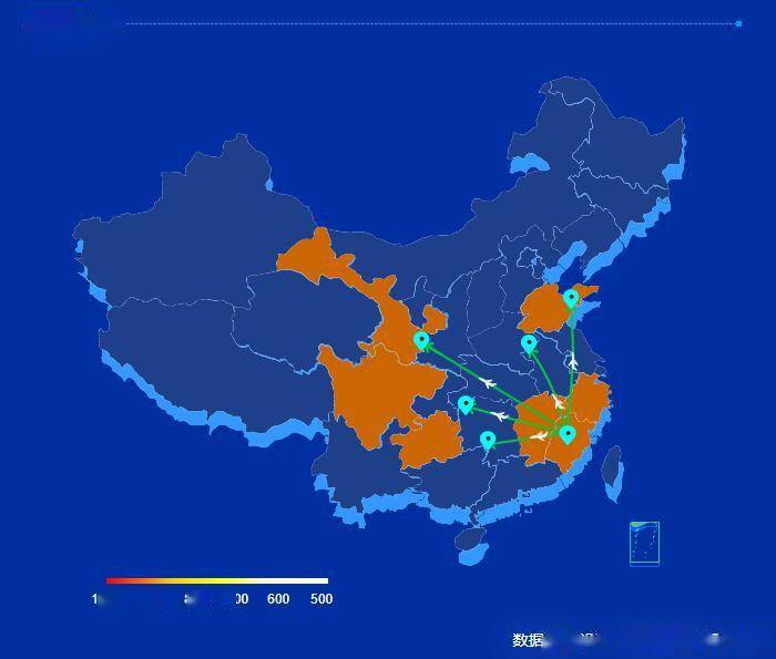 中国地图,通过不同的地区颜色,销售运营人员可以通过颜色快速看出每个