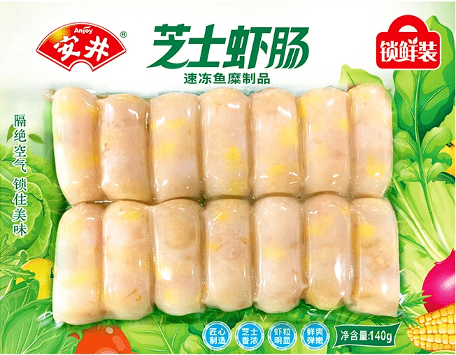 安井芝士虾肠产品介绍:精选罗普车达芝士,德式香肠选用上等桃木传统