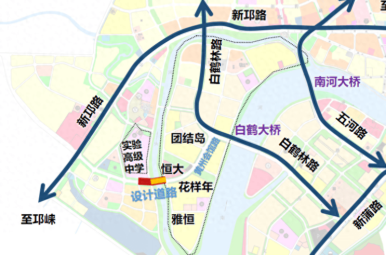 团结岛之间的石头河市政道路和位于新津区实验高级中学与小编从新津