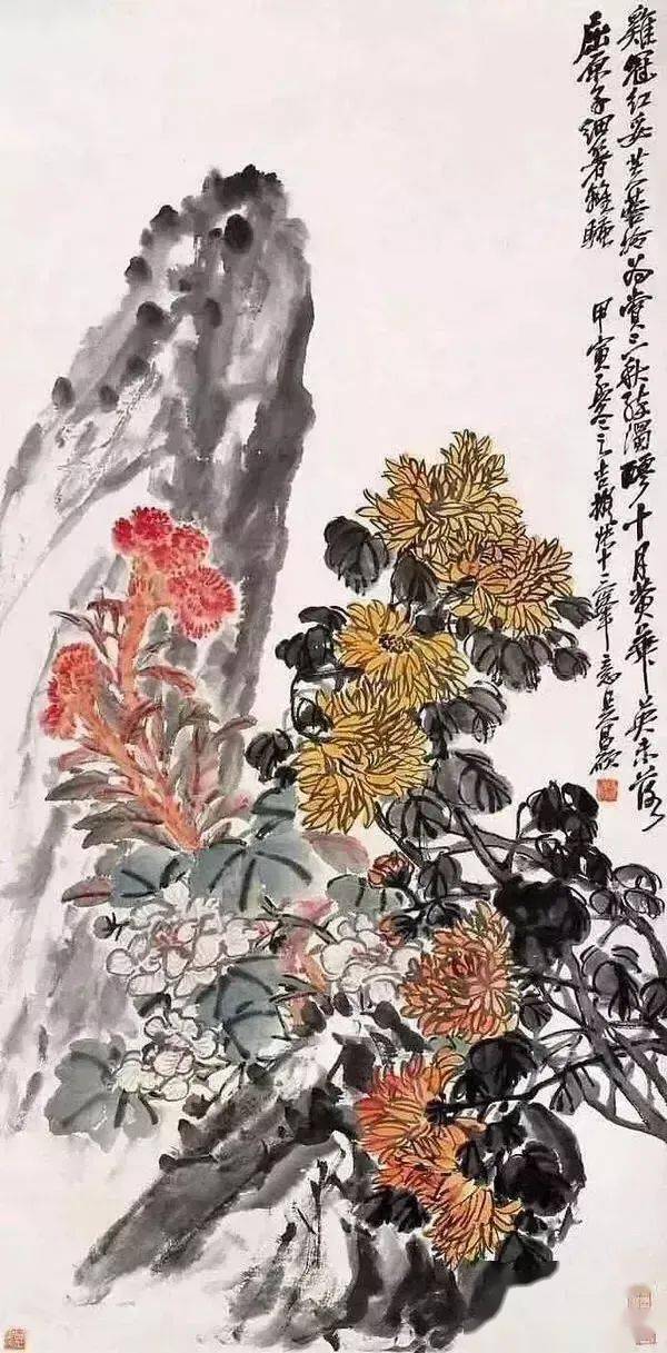 吴昌硕画菊有时用寥寥几笔的篱笆映衬出菊花不畏寒风侵凌的性格