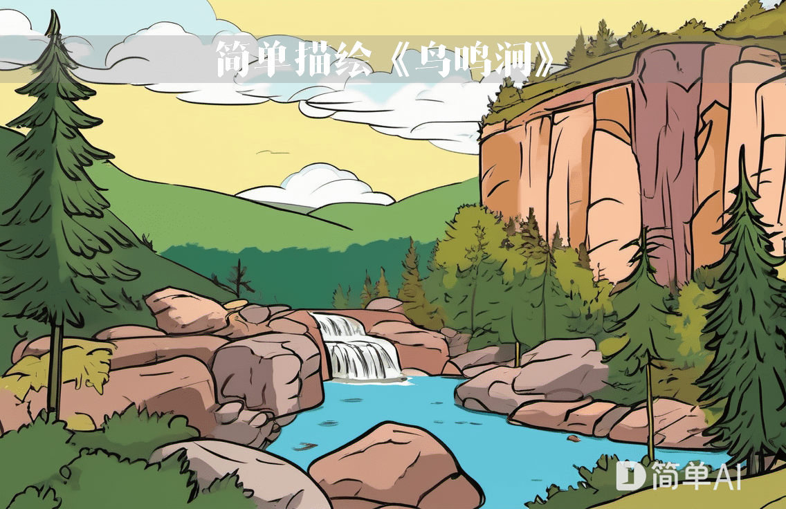 《鸟鸣涧》诗意配画,带我们领略大自然的宁静之美_山石_松树_瀑布