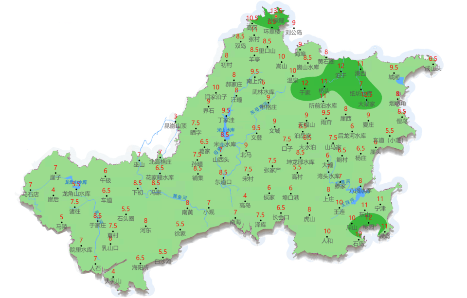 12月14日8时至20时,威海市平均降水量8.4(单位:mm,下同),环翠区10.