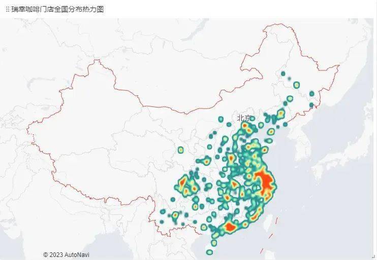 瑞幸全國分佈熱力圖通過星巴克門店熱力圖也能看到,紅色高密度區主要